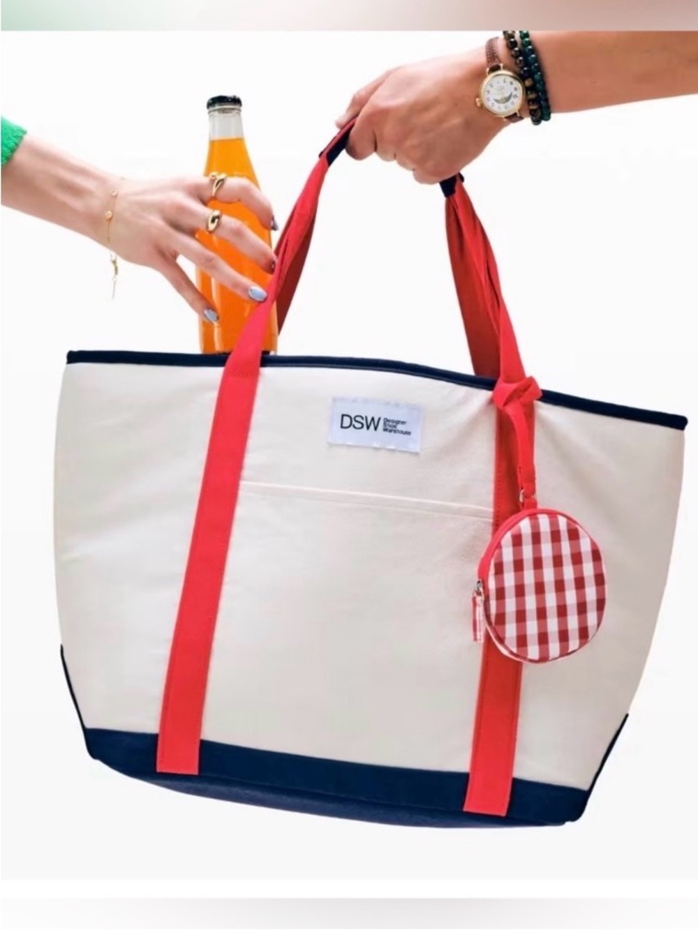 DSW Cooler Tote Beach Bag w/Zip Closure & Gingham Coin Pouch Charm 20" X 13" NWT